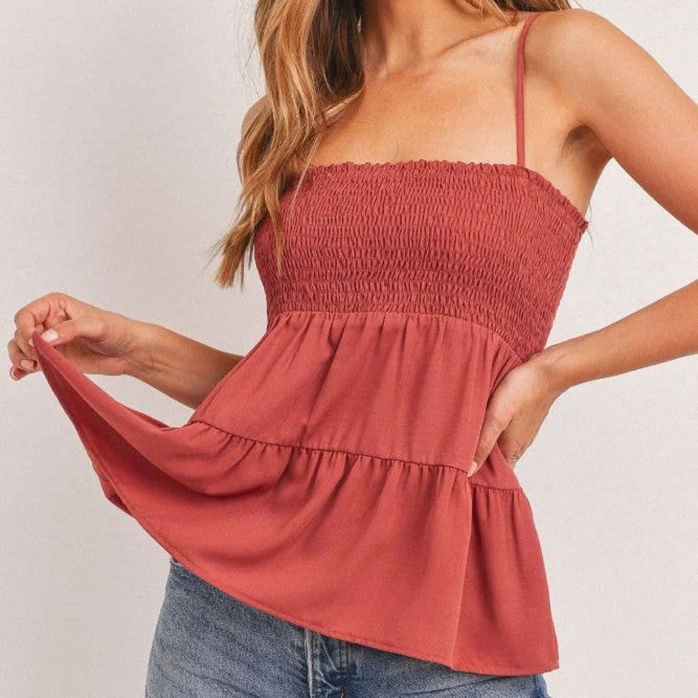 NWT Rust Red Tiered Smocked Bust Spaghetti Strap Tank Top - Picture 1 of 5